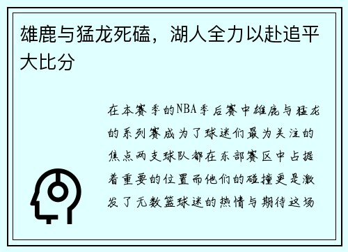 雄鹿与猛龙死磕，湖人全力以赴追平大比分